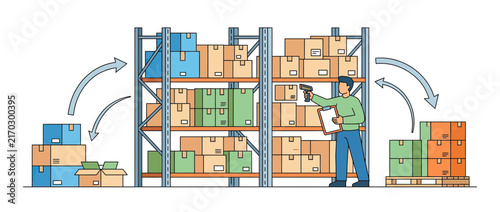 Warehouse worker scanning inventory on shelves with boxes.