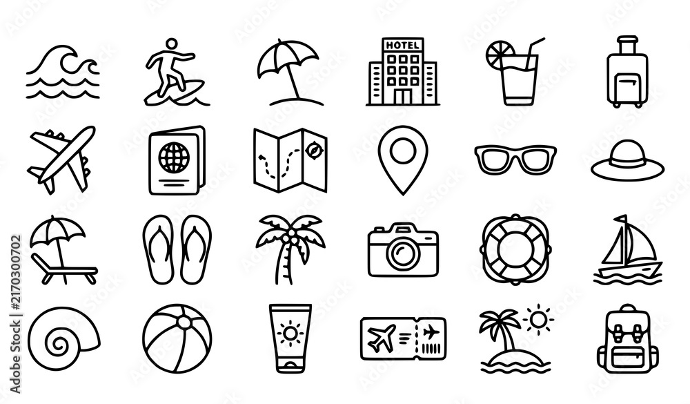 Fototapeta premium Summer Beach Vacation Editable Outline Icons with Surfing Swimming Drink and Seaside Activities
