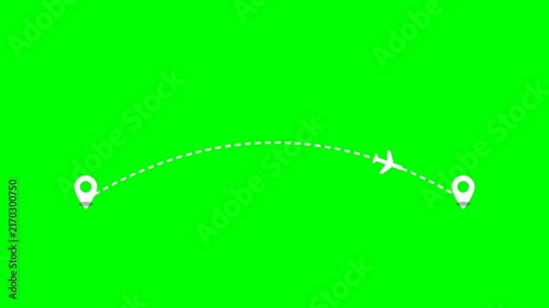Animated Airplane Flight Path and Map Pins Route Motion Graphics on Green Screen