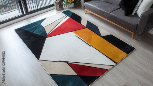 Modern rectangular area rug featuring bold geometric shapes with vibrant red yellow teal and black colors resting on a light wooden floor inside a contemporary living room with soft lighting