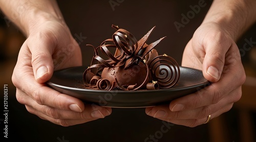Hands holding a decadent gourmet chocolate dessert plate.