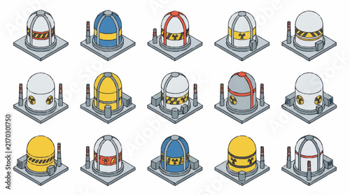 Industrial Isometric Illustrations of Nuclear Power Plants and Radiation Facilities with Colorful Designs and Warning Symbols