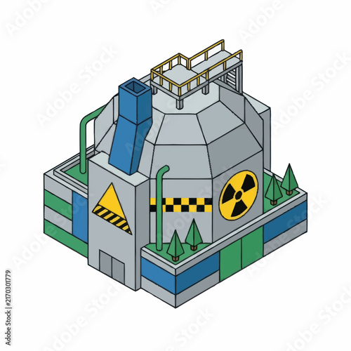 Industrial Nuclear Power Plant with Radiation and Hazard Symbols Chimneys Pipes and Safety Markings