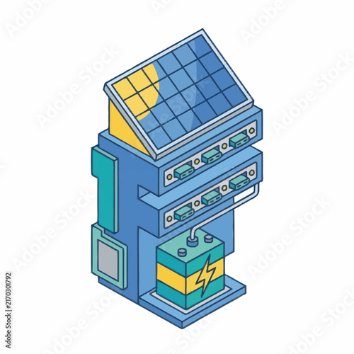 Elegant Isometric of Server Rack with Windows Logo Power Symbol and Network Ports in Blue Yellow and Teal