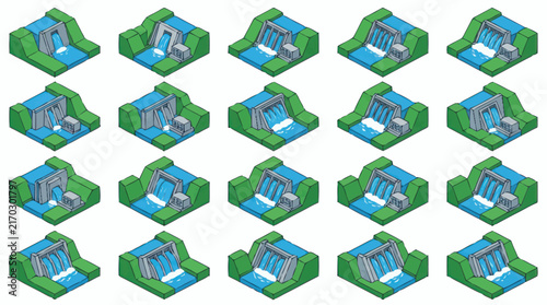 Modern Isometric of Water Fountain with Architectural Elements and Varying Water Effects with high quality professional line art symbols for modern creative design and digital branding projects