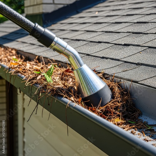 Specialized industrial vacuum nozzle attached to a long telescopic pole cleaning organic debris from a metal gutter on a residential roof, suction, residential, property