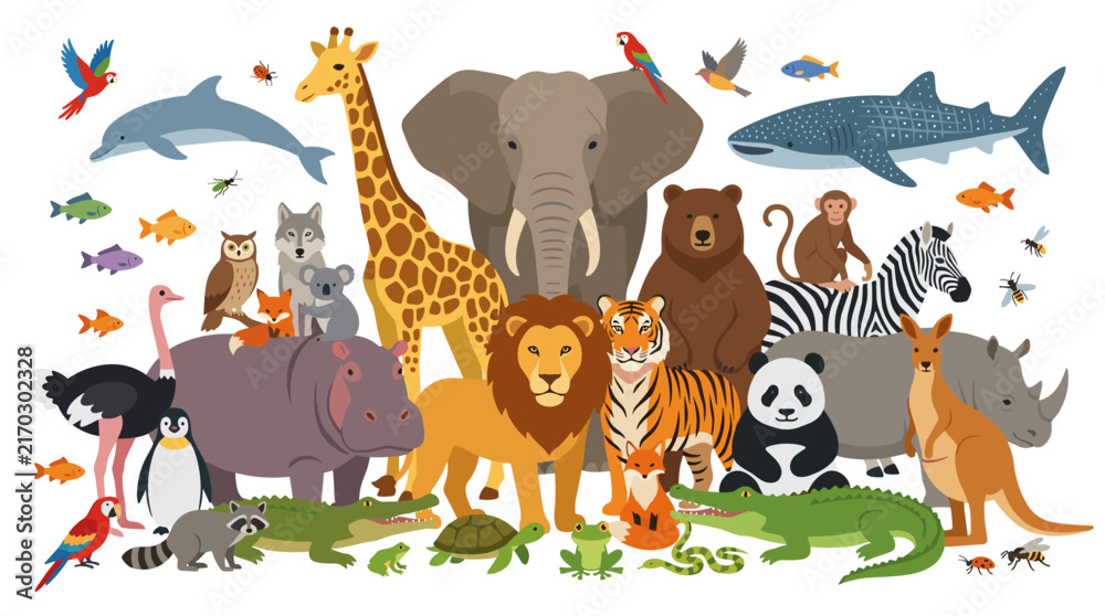 Naklejka premium Diverse wild animals collection in flat vector illustration style