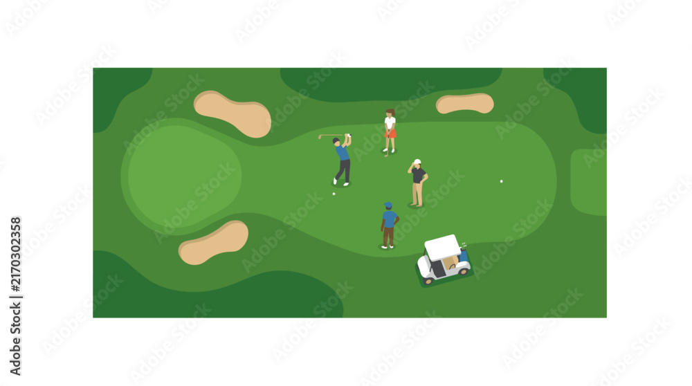 Fototapeta premium Aerial view of golfers playing on a green course