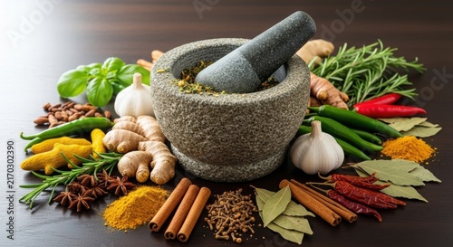 Fresh vegetables and spices arranged on dark surface