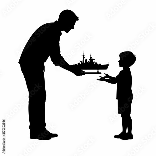 Black silhouette of a father handing a detailed scale model battleship to his young son, isolated on white background. Illustration of male figures bonding over hobby craft and maritime history.