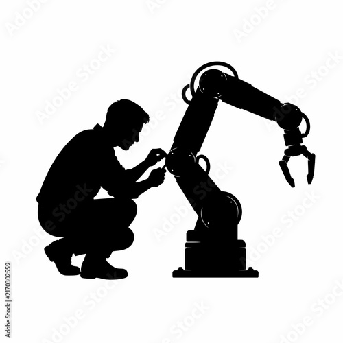 Black silhouette of a male technician kneeling to repair a large industrial robotic arm with a mechanical gripper, isolated on a white background, representing factory automation.