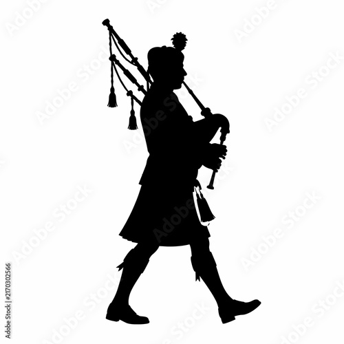 Black silhouette of a traditional Scottish bagpiper wearing a kilt and playing bagpipes while walking, featuring detailed outlines of the instrument pipes and tassels on white.