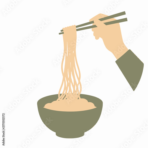 Minimalist vector illustration showing a hand using chopsticks to lift long noodles from a round ceramic bowl, featuring a muted green and tan color palette on a clean white background.