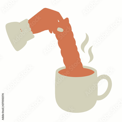 Vector illustration of a human hand dipping a long ridged churro into a mug of steaming hot chocolate or cocoa, featuring a minimalist flat art style and neutral color palette.