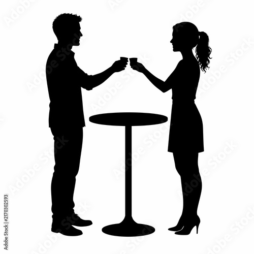 Vector silhouette of a man and woman standing at a high-top bistro table clinking small glasses in a toast. Profile view of a couple celebrating at a bar or cafe on a white background.