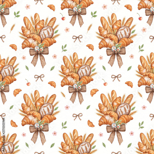 Pastry and bread bouquet pattern delicious baked goods seamless background