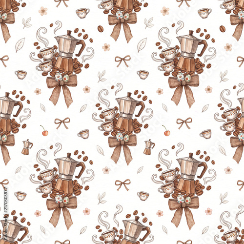 Seamless coffee cup and moka pot pattern with decorative elements