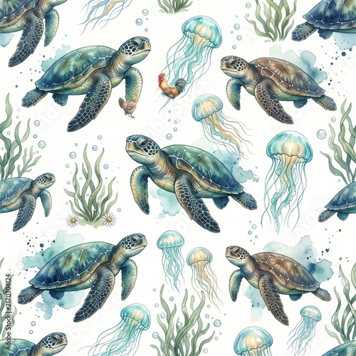 Watercolor sea turtle and jellyfish pattern illustration for ocean theme