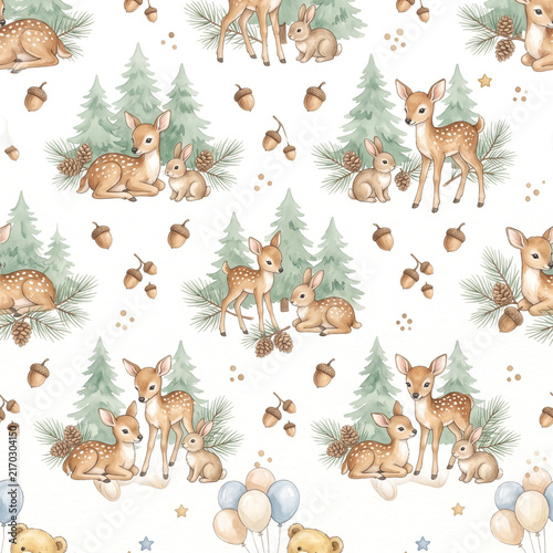 Whimsical forest animals and trees seamless pattern design