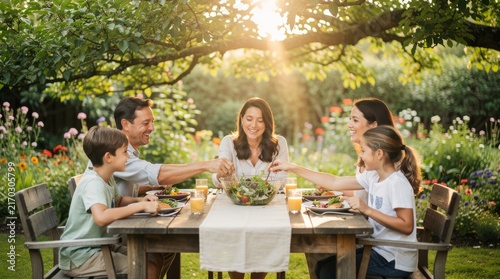 Happy family having healthy outdoor lunch in sunny summer garden