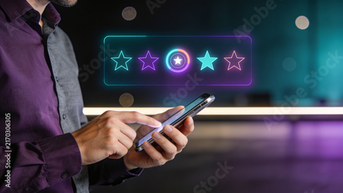 martphone User Giving Five Star Rating with Futuristic Customer Review Interface