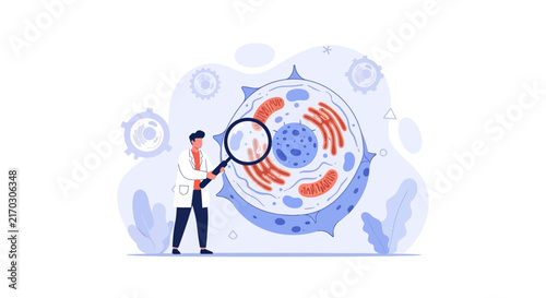 Scientist examining cell structure with magnifying glass, representing biology, research, and discovery. Modern flat vector illustration.
