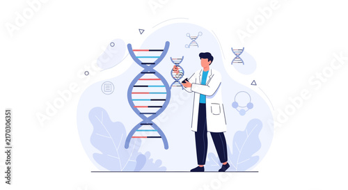 Scientist examining DNA double helix in modern laboratory with scientific icons
