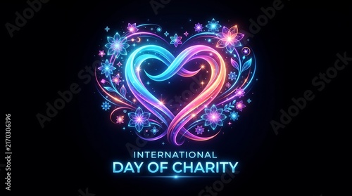 International Day of Charity glowing neon heart symbol with vibrant light effects.