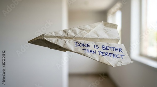 Wrinkled white paper airplane with handwritten blue text DONE IS BETTER THAN PERFECT flying in a blurred bright indoor setting with windows and soft lighting, side profile view.