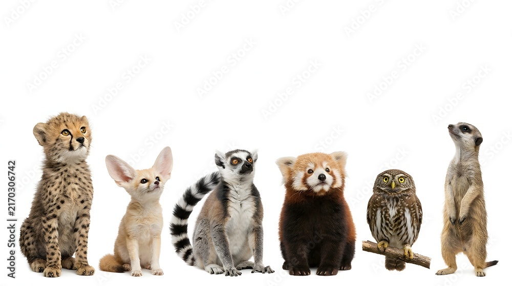 Naklejka premium Young wild animals lined up on white background
