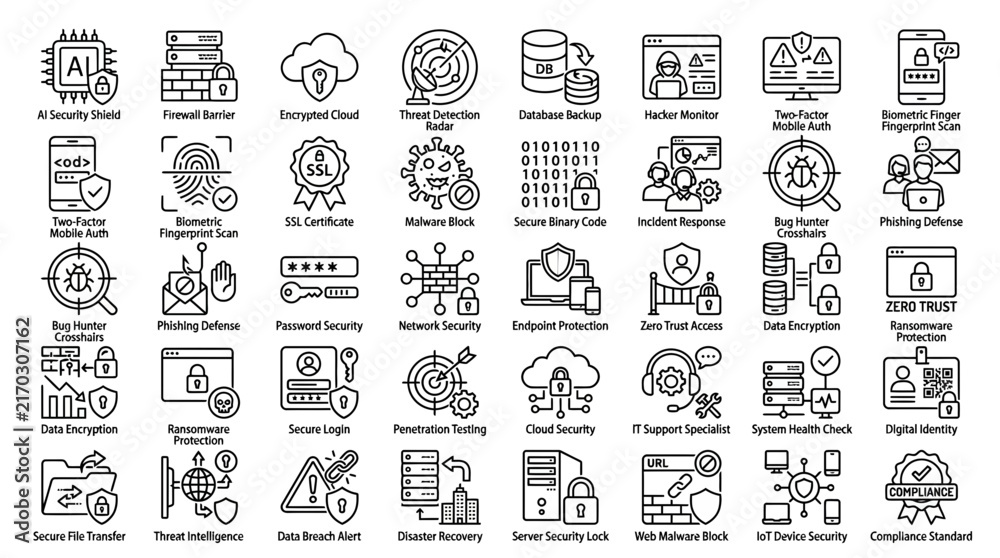 Obraz premium Collection of cybersecurity and data protection line icons including cloud security, firewall and encryption symbols, perfect for web design projects, technology presentations and infographics