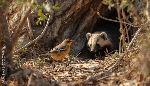 Honeyguide Bird Guiding Honey Badger Toward Wild Bee Colony in African Woodland