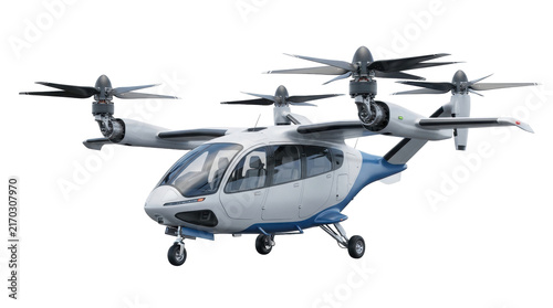 Electric Air Taxi: A futuristic electric air taxi, with multiple rotors and a sleek white and blue design, stands ready for flight, representing the future of urban transportation.