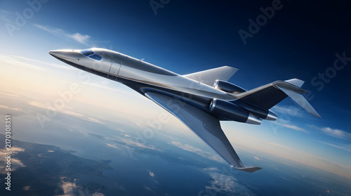 Sleek silver private business jet flying through blue sky above clouds representing luxury travel aviation and fast transport.