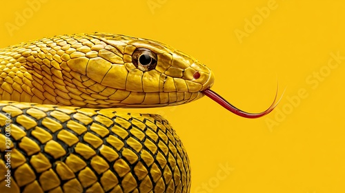 Close-up Profile of a Golden Yellow Snake with Forked Tongue on Yellow Background