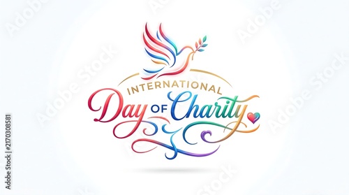 International Day of Charity colorful typography logo with dove and olive branch icon.