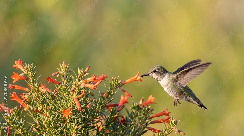 Naklejka premium hummingbird feeding on orange flowers