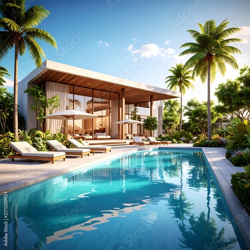 Tropical resort with infinity pool and palm trees.
