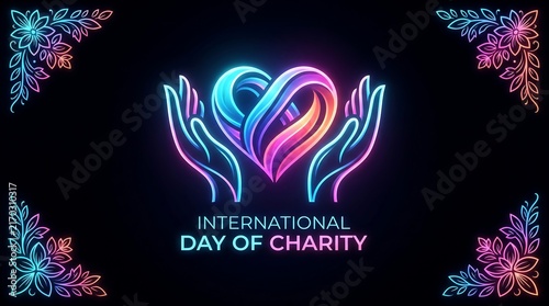 International Day of Charity neon sign with glowing hands and heart symbol illustration.