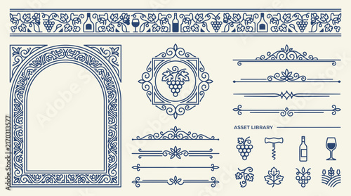 Vintage Wine Vector Ornaments: Grapes, Bottles, Arches, Dividers