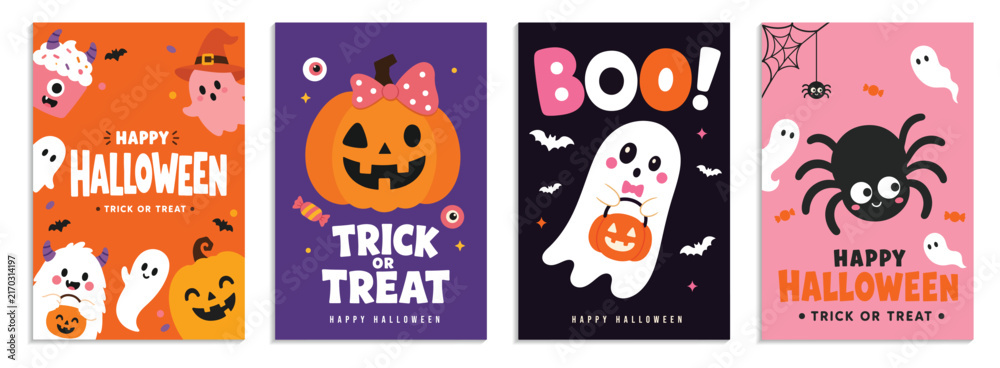 Fototapeta premium Cute Halloween Greeting Card and Poster Templates Set with Cartoon Ghost, Pumpkin, Spider, and Monster Vector Illustration