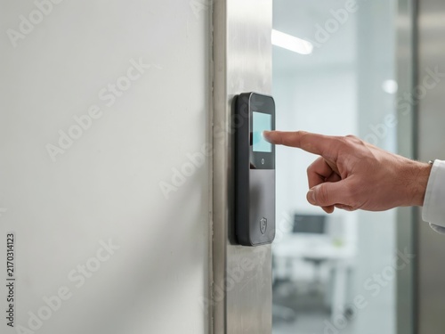 Closeup of a persons hand pressing a digital security access control panel on a wall in a modern office environment