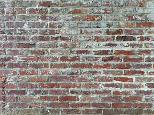 Vintage Red Brick Wall Texture Background. Aged Brickwork Surface With Mortar Joints. Rustic Textured Clay Brick Facade With Copy Space For Background.