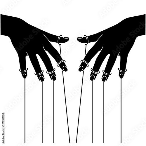 puppeteer hands with strings, conceptual illustration of influence and control
