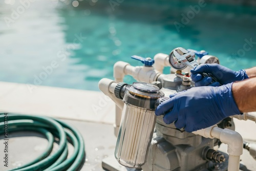 Professional technician in blue gloves repairing a swimming pool filtration system with an adjustable wrench outdoors