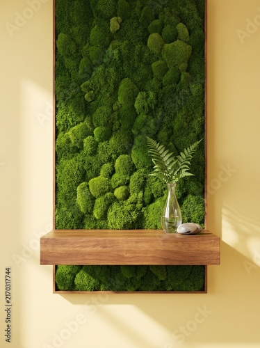 Vertical Green Moss Wall Art in Wooden Frame with Floating Shelf Modern Biophilic Interior Design Eco-Friendly Home Decor Sustainable Office Wall Decoration Minimalist Living Room Background