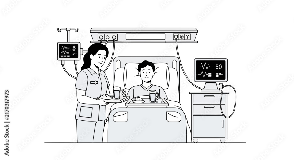 Fototapeta premium Nurse serving meal to patient in hospital bed with medical equipment