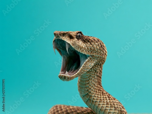 Aggressive Brown Viper Snake with Open Mouth on Turquoise Background