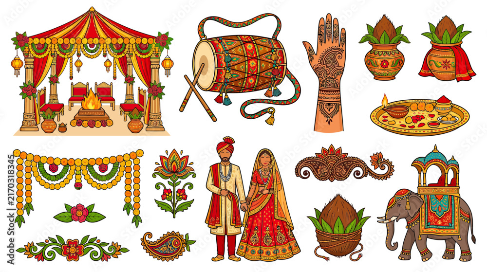 Fototapeta premium Indian Wedding Ceremony Elements and Couple Illustration