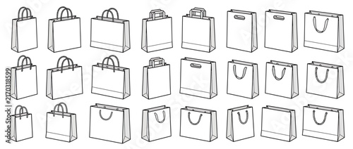 Collection of assorted paper shopping bags on transparent background